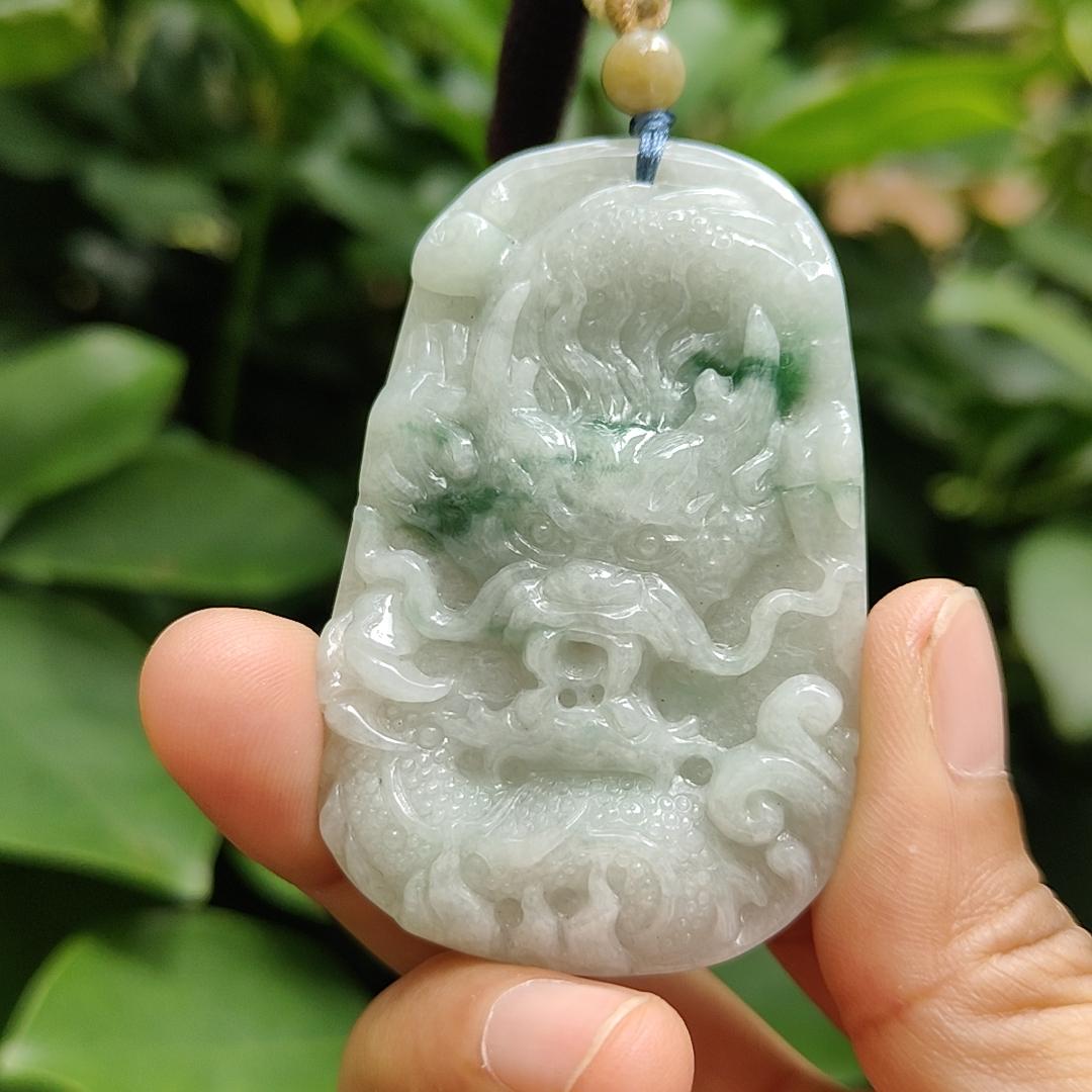 Green Floating Patches rare old-school Natural Type-A Jadeite-Jade crafted with traditional Dragon as Pendant, certificate weighs 34.91 grams, measurement 60.6 * 38.8 * 8.2 mm (pendant302) Yi Pin Qian Jadeites Jade Jewelry ~Your Precious Quintessential ~ Singapore
