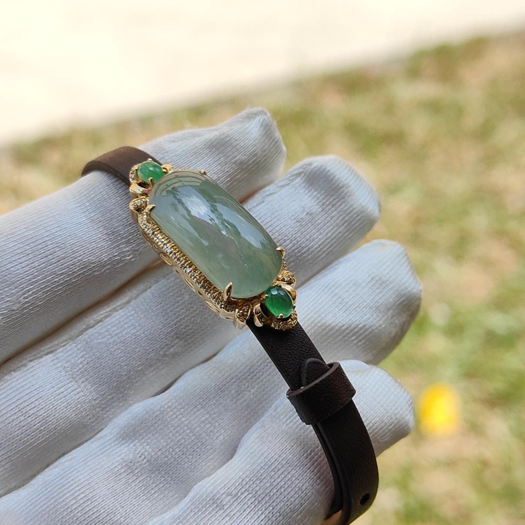 High Premium Quality Natural Type A Jadeite Jade with 3 cabochons set on 18k gold with diamonds as wrist bracelet or pendant, certificate weigh 4.39 grams (18kpw4) Yi Pin Qian