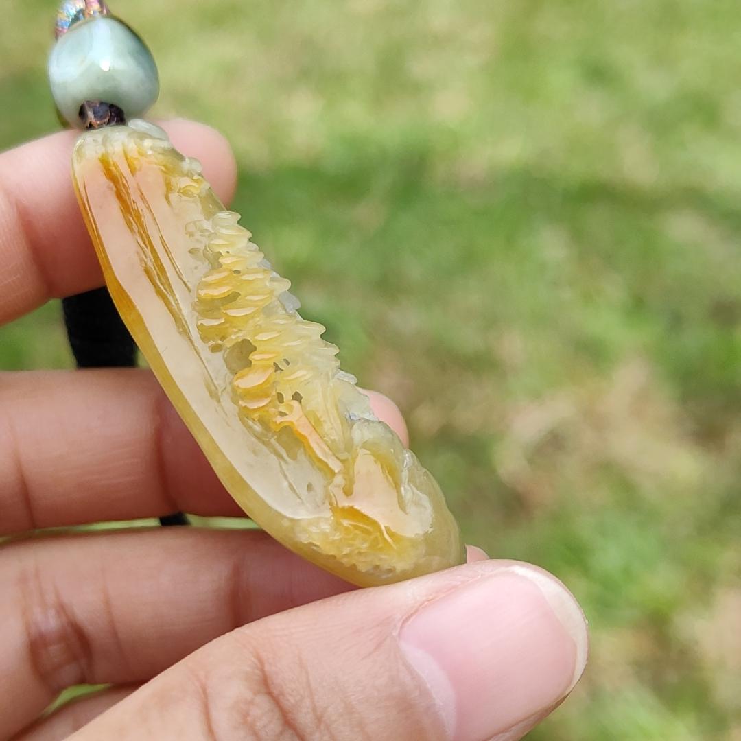 Beautifully crafted with sceneries on Yellow Natural Type A Jadeite Jade as a Pendant Necklace with certificate weigh 27.75 grams, measurement 52.1 * 25.7 * 12.7 mm (pendant206) Yi Pin Qian