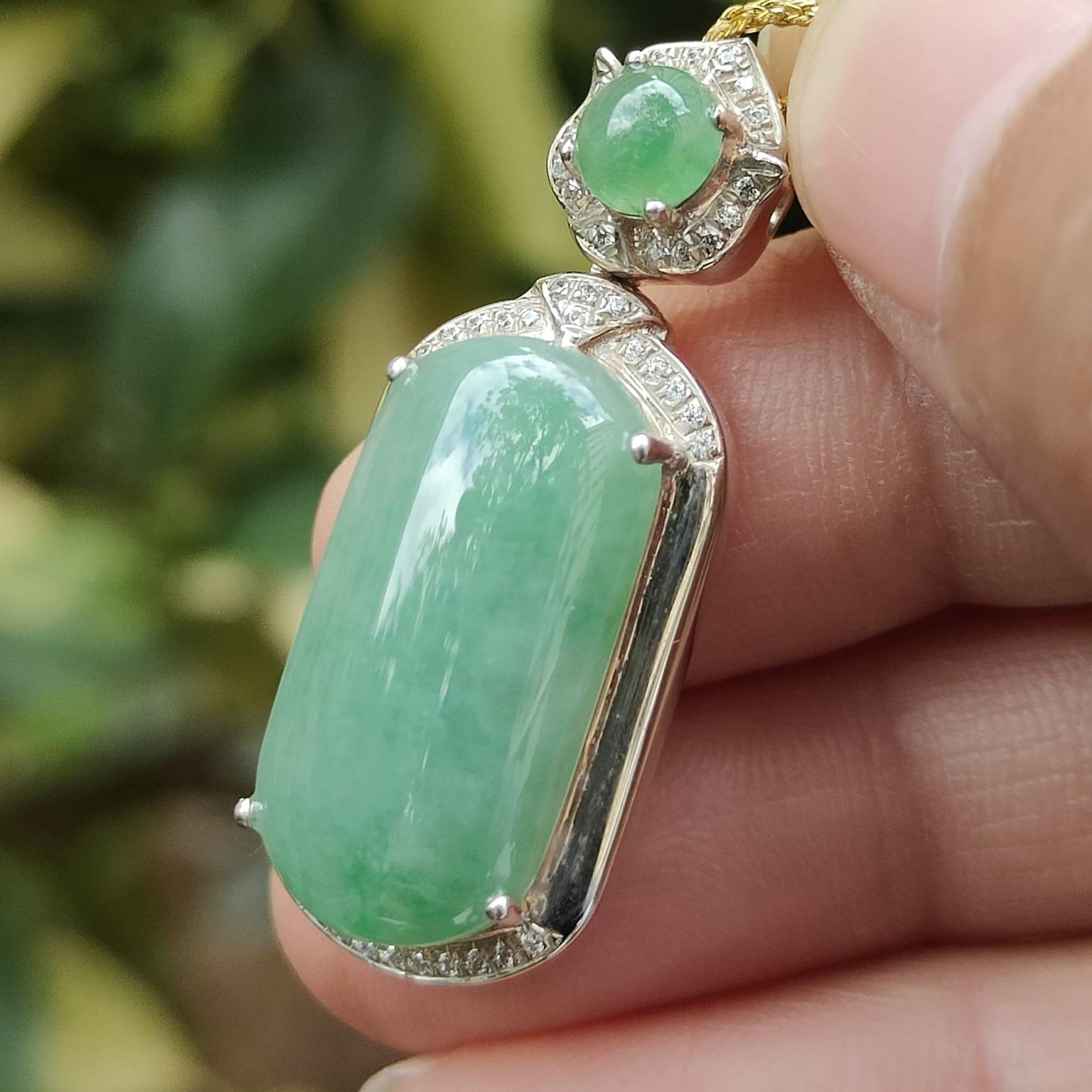 High Quality Rare Green Cabochons on Natural Type A Jadeite Jade set with S925 as Pendant, certificate weighs 5.44 grams, measurement 34.2 * 13.3 * 9.1 mm (s925p4) Yi Pin Qian Jadeites Jade Jewelry ~Your Precious Quintessential ~ Singapore