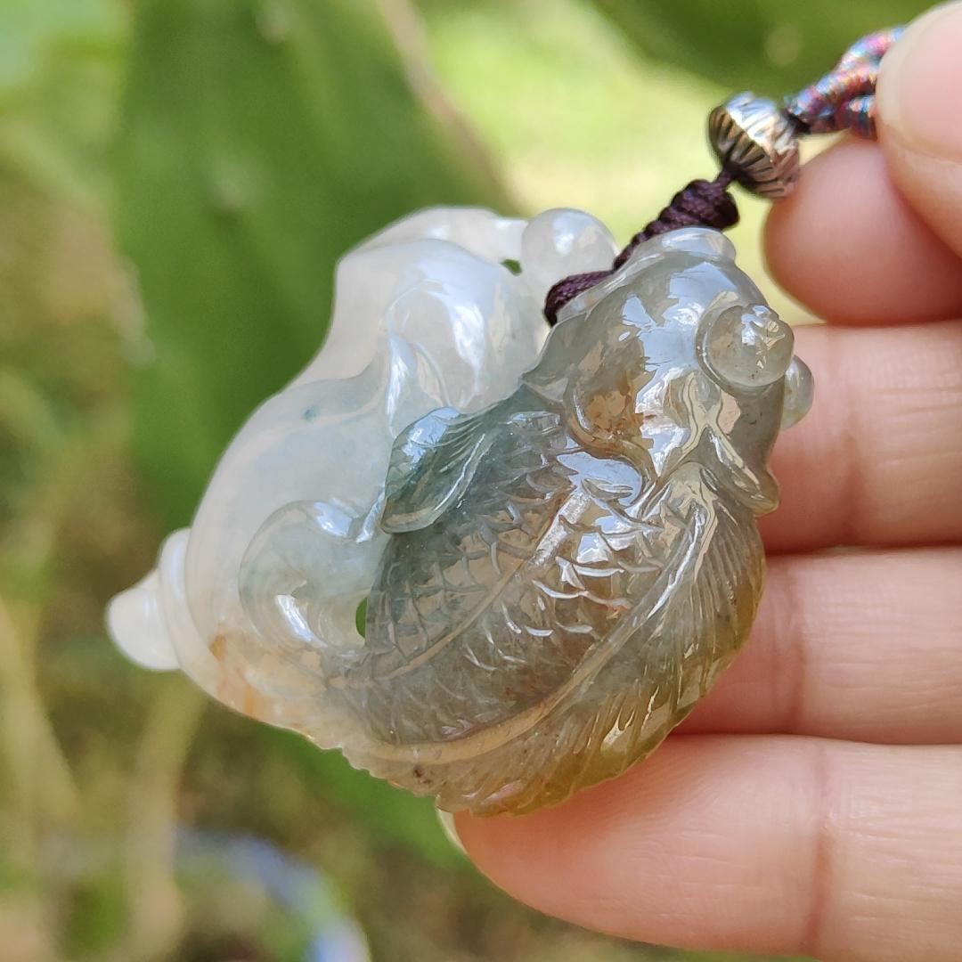 Round Sculpture Natural Type A Jadeite Pendant Necklace crafted as goldfish with light green and brown, symbols of Rich and auspicious, certificate included weigh 27.45 grams, 37.3 * 41.7 * 11.3 mm, very unique and rare for your collections (pendant33) Yi Pin Qian