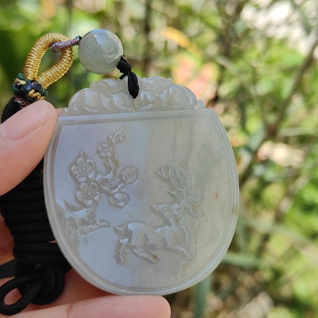 Crafted with Plum Blossoms and Deer Natural Type A Jadeite Pendant Necklace with certificate included weigh 34.14 grams, 54.3 * 47.5 * 5.6 mm,symbols of Good fortune, beauty and happiness (pendant105) Yi Pin Qian