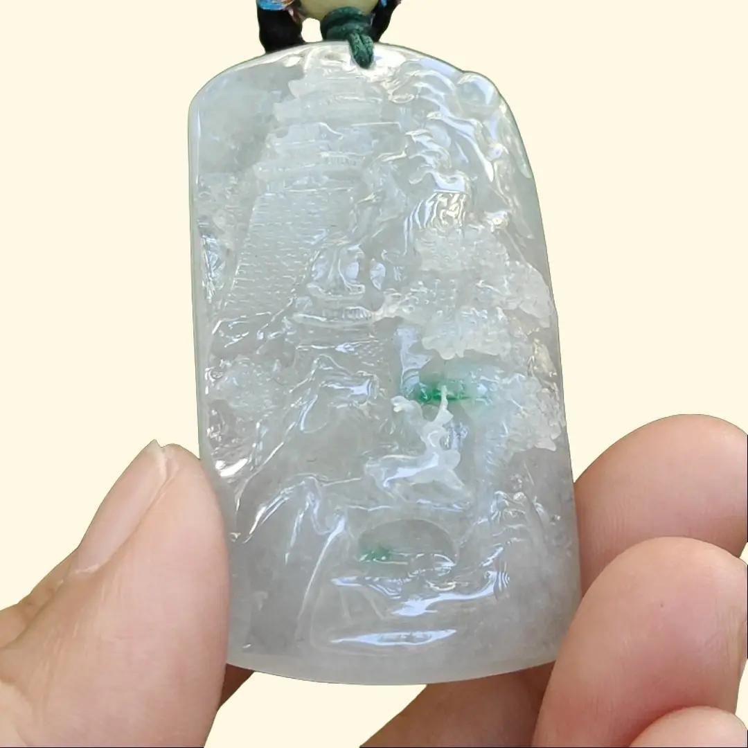 High Quality Good Translucent Light Green with Green Patches Crafted with Scenery Natural Type A Jadeite Jade as Pendant certificate weighs 26.66 grams, measurement 48.1 * 28 * 11.8 (pendant313) Yi Pin Qian Jadeites Jade Jewelry ~Your Precious Quintessential ~ Singapore