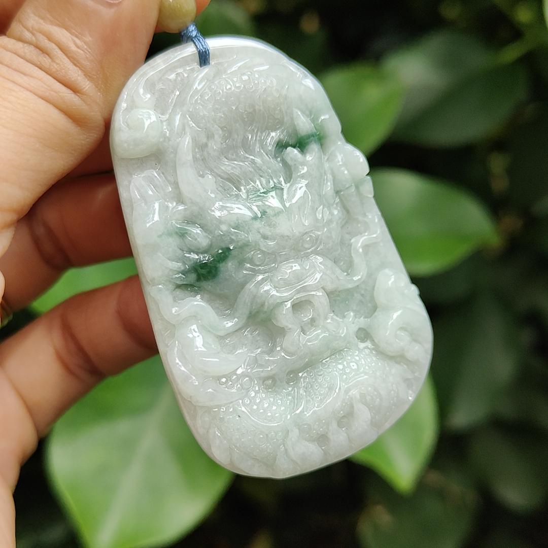 Green Floating Patches rare old-school Natural Type-A Jadeite-Jade crafted with traditional Dragon as Pendant, certificate weighs 34.91 grams, measurement 60.6 * 38.8 * 8.2 mm (pendant302) Yi Pin Qian Jadeites Jade Jewelry ~Your Precious Quintessential ~ Singapore