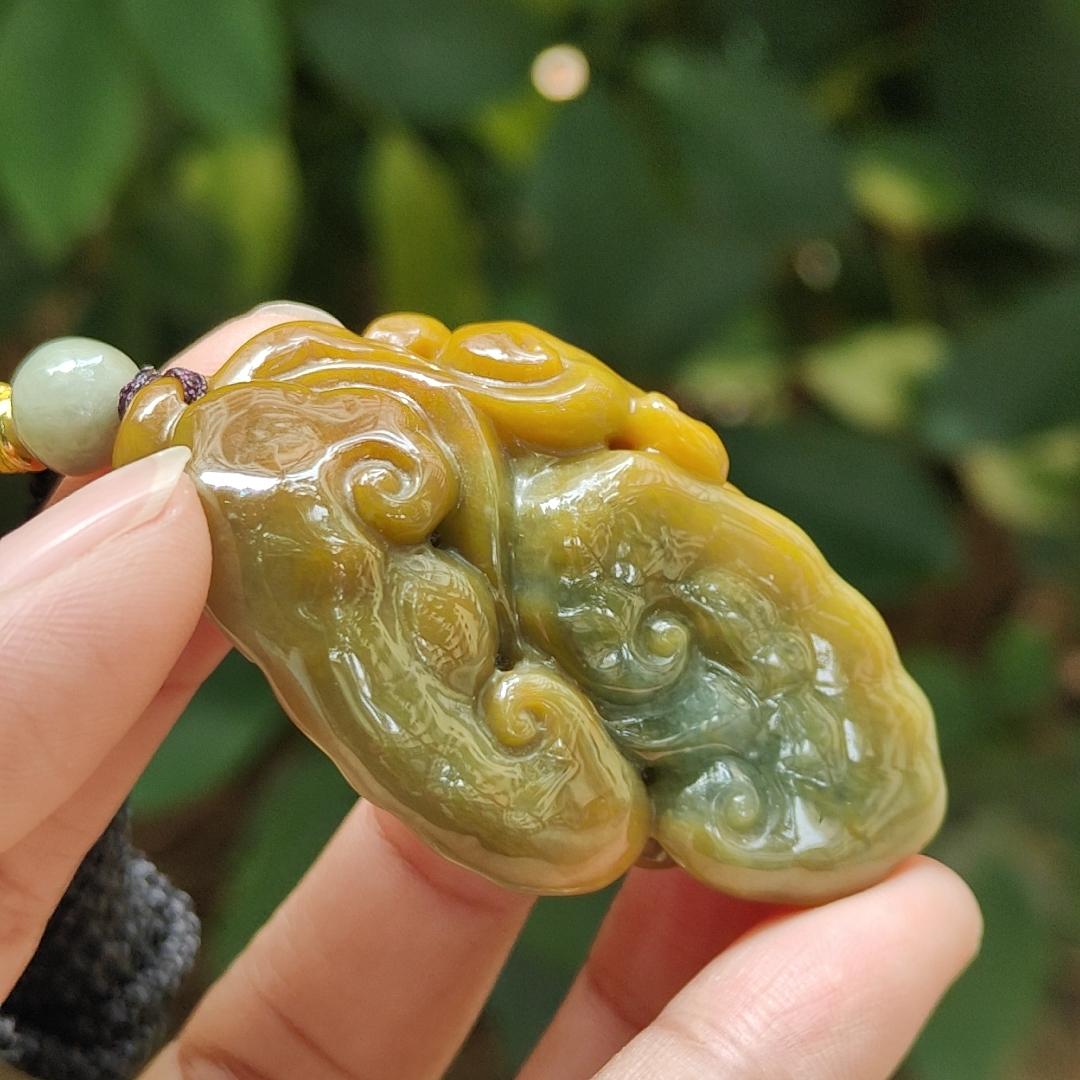 Latest Arrival in SG - Lots of Ruyi Crafted on Light Green Hue with Brown Natural Type A Jadeite Jade as Pendant, certificate weighs 35.21 grams, measurement 54.6 * 31.3 * 14.8 mm (pendant321) Yi Pin Qian Jadeites Jade Jewelry ~Your Precious Quintessential ~ Singapore