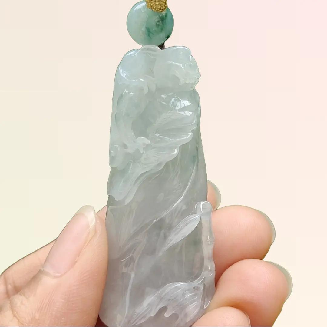 A Bamboo with Pixiu Crafted on Light Green Hue with Light Lavender Natural Type A Burmese Jadeite Jewellery certificate weighs 23.91 grams, measurement 50.3 * 20.6 * 12.8 mm (pendant 318) Yi Pin Qian Jadeites Jade Jewelry ~Your Precious Quintessential ~ Singapore