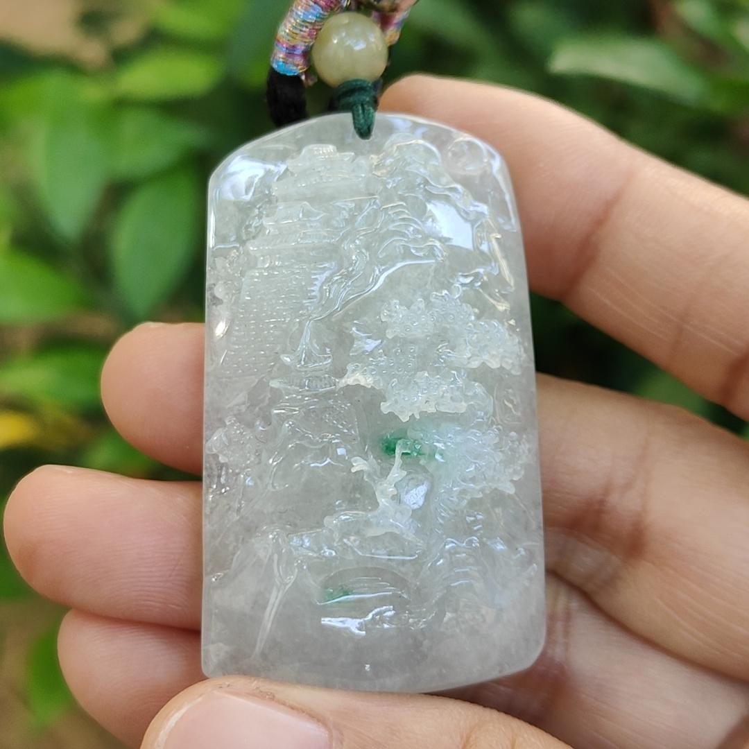 High Quality Good Translucent Light Green with Green Patches Crafted with Scenery Natural Type A Jadeite Jade as Pendant certificate weighs 26.66 grams, measurement 48.1 * 28 * 11.8 (pendant313) Yi Pin Qian Jadeites Jade Jewelry ~Your Precious Quintessential ~ Singapore