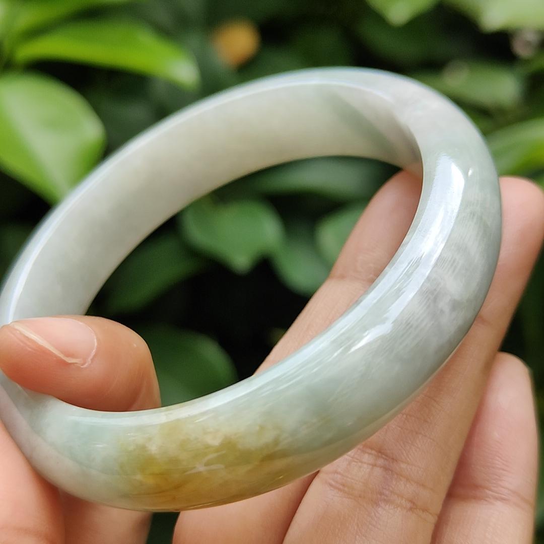 57.8mm, Width 13.7 * Thickness 7.8 mm Peace Bangle Light Green Hue with Brownish Yellow Natural Type A Jadeite Jade certificate weighs 59.44 grams (bangle20) Yi Pin Qian Jadeites Jade Jewelry ~Your Precious Quintessential ~ Singapore