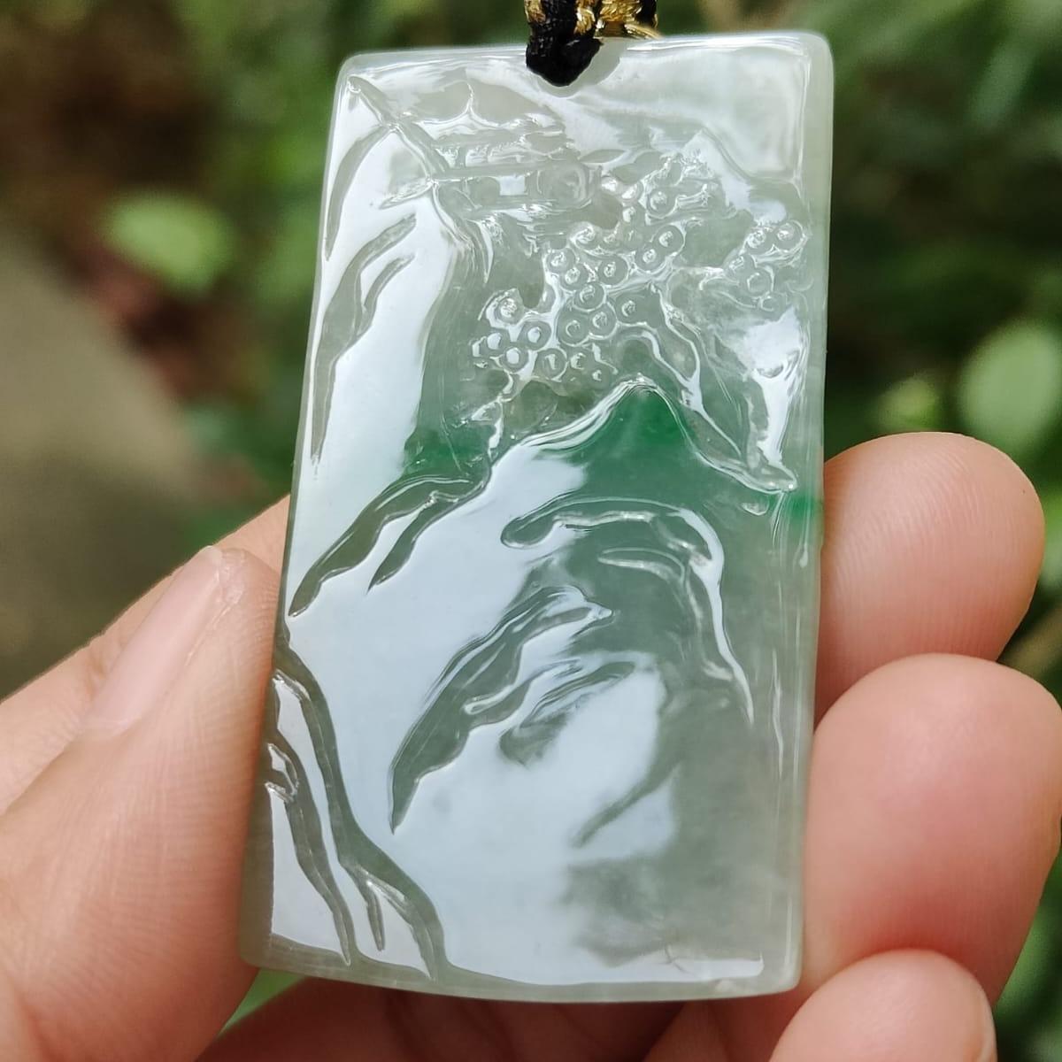 Latest arrival SG Local Seller crafted as sceneries Pendant Light green Hue, Green and white Natural Type A Jadeite Jade, certificate weighs 21.24 grams, measurement 47 * 26.9 * 7.5 mm (pendant353) Yi Pin Qian Jadeites Jade Jewelry ~Your Precious Quintessential ~ Singapore