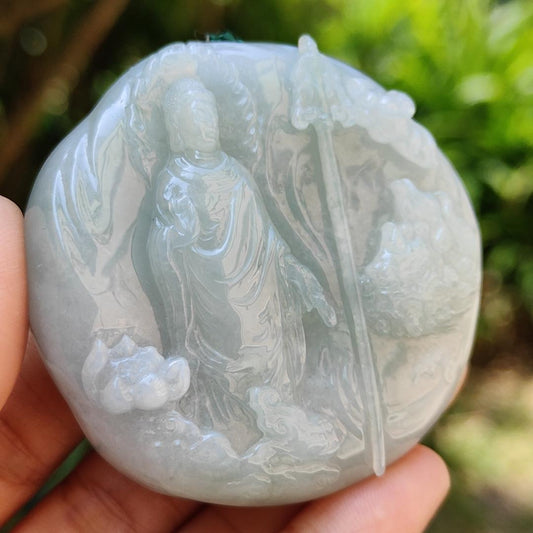 High Quality Light Green Hue Natural Type A Jadeite Jade crafted with Ksitigarbha Bodhisattva as Pendant, certificate weighs 70.75 grams, measurement 54.6 * 54.6 * 12.6 mm (pendant232) Yi Pin Qian