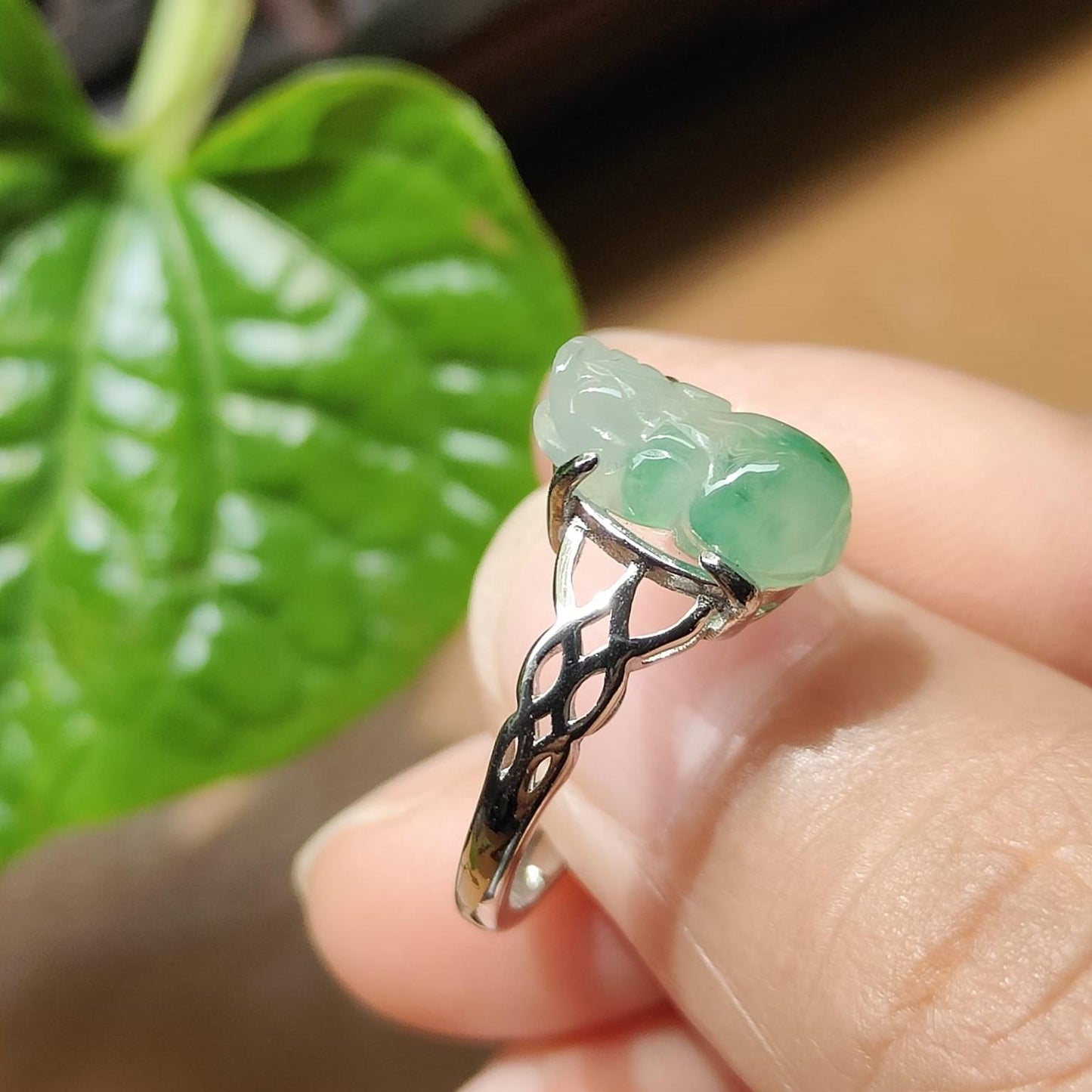 Crafted as Pixiu on Light Green Hue with Light Green Patches Natural Type A Jadeite Jade set with S925 as adjustable ring, certificate weighs 2.01 grams, measurement 11.8 * 5.5 * 3.8 mm (s925ring27) Yi Pin Qian Jadeites Jade Jewelry ~Your Precious Quintessential ~ Singapore