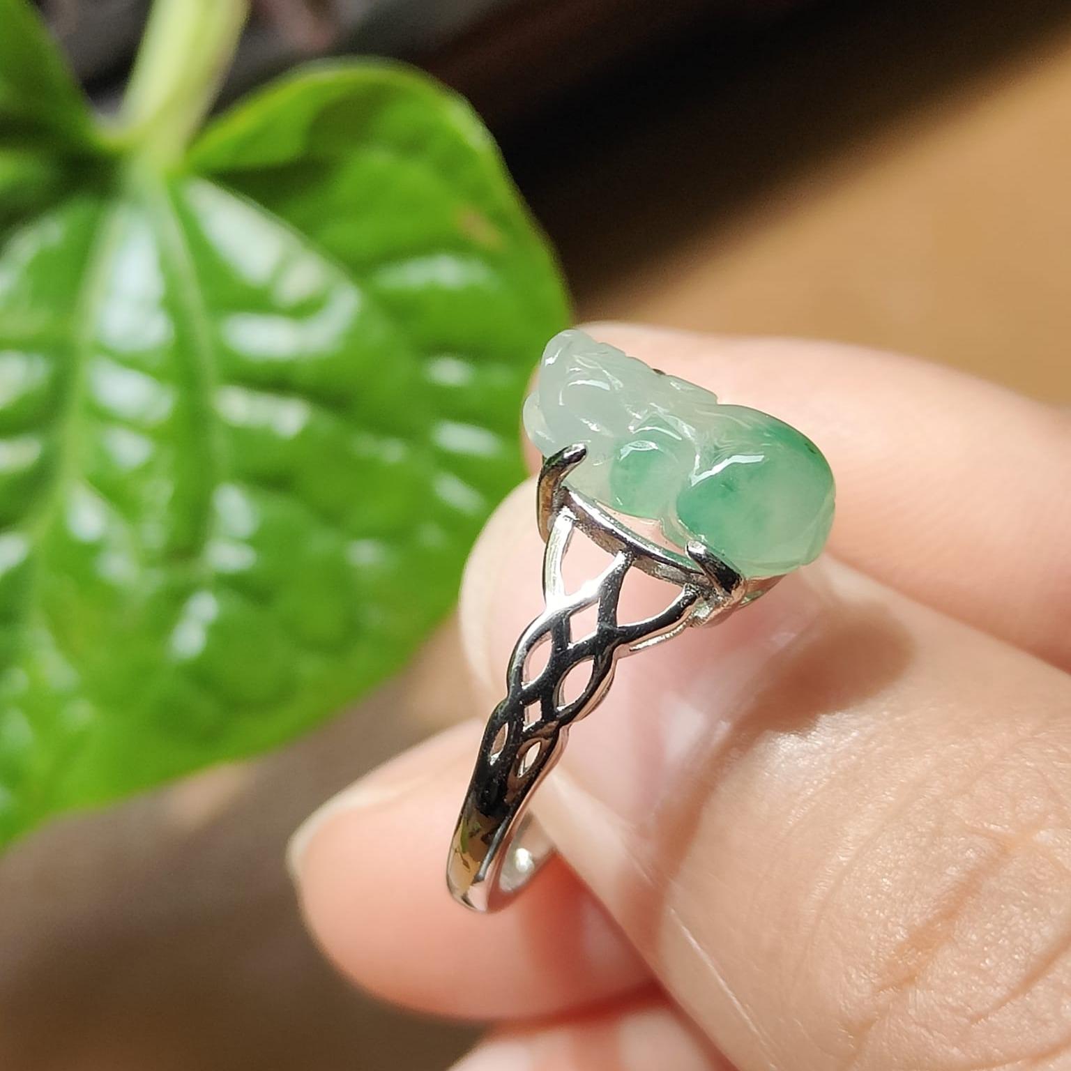 Crafted as Pixiu on Light Green Hue with Light Green Patches Natural Type A Jadeite Jade set with S925 as adjustable ring, certificate weighs 2.01 grams, measurement 11.8 * 5.5 * 3.8 mm (s925ring27) Yi Pin Qian Jadeites Jade Jewelry ~Your Precious Quintessential ~ Singapore