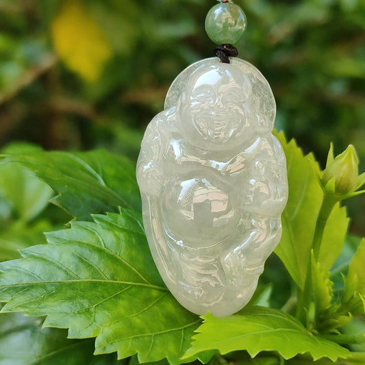 Semi Icy Milo Buddha Natural Type A Jadeite Pendant with certificate weighs 13.87 grams, 44.2 * 26.5 * 8.1 mm, milo represent The strength that can tolerate the things of the world represents the mind that can solve a thousand sorrows (pendant85) Yi Pin Qian