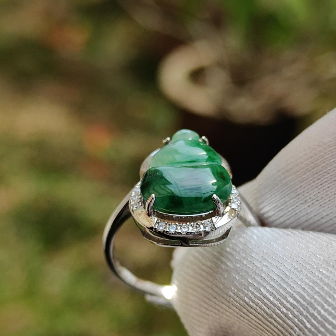 Special Sales - Quality Semi Icy Spicy Green Natural Type A Jadeite Jade crafted as Gourd set on S925 Silver with Zircon, Finger size adjustable, certificate weigh 2.59 grams, 12 * 9.9 * 2.5 mm (s925ring6) Yi Pin Qian