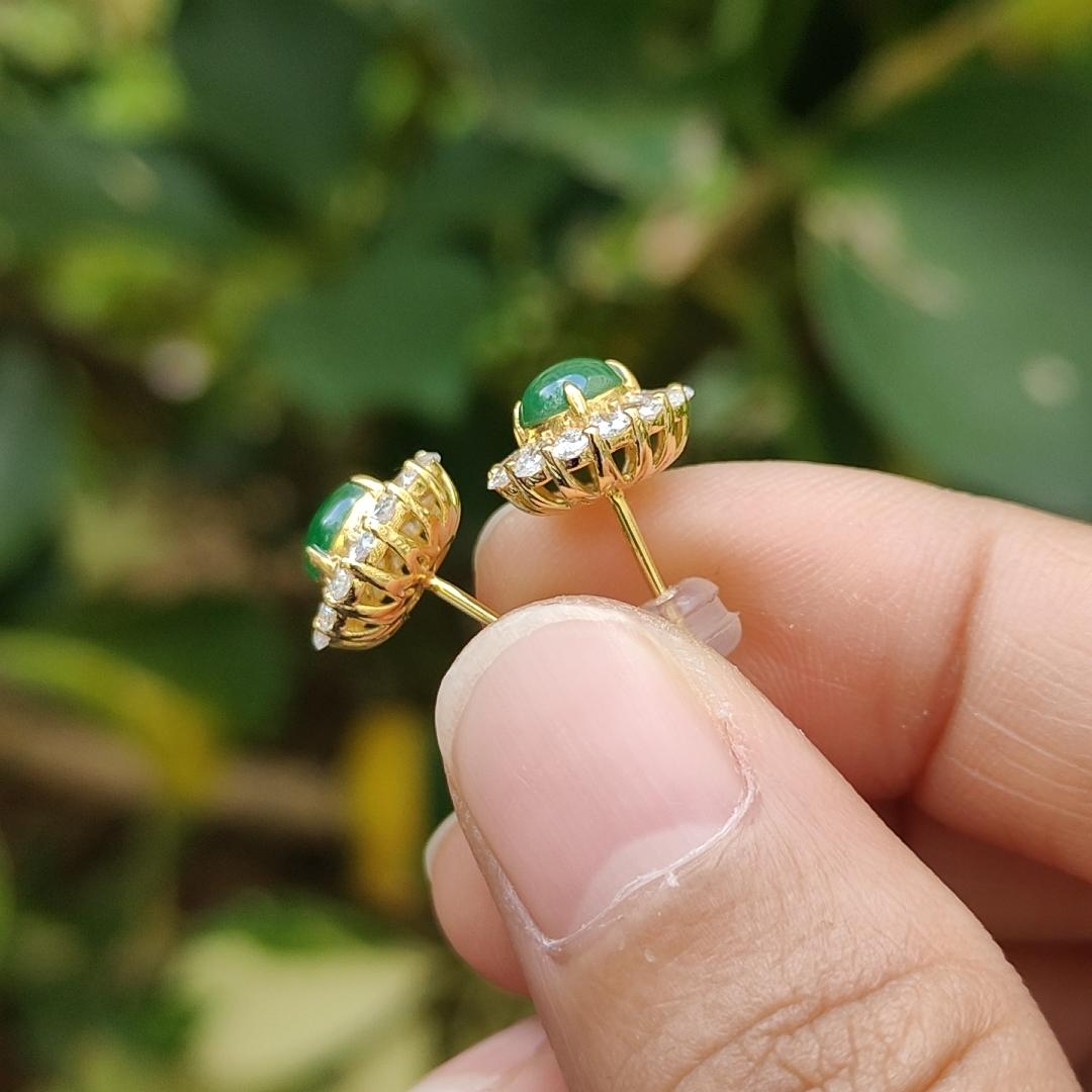 Latest New Arrival Premium High-Quality Pair of Green Cabochons Stud Earrings set on 18k gold on Natural Type A Jadeite Jade certificate weighs 2.19 grams (18kp03) Yi Pin Qian Jadeites Jade Jewelry ~Your Precious Quintessential ~ Singapore
