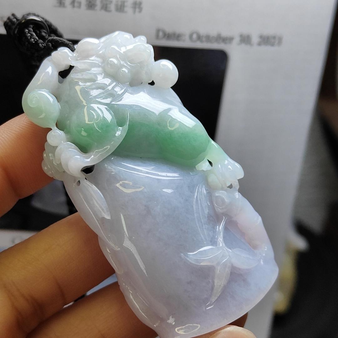 Dual Tone Bamboo with Kirin Natural Type A Jadeite Pendant with Gemstone report from NGI weighs at 253.32 grams , 60.70 * 33.75 * 12.81 mm , Translucent light lavender with light green patches pendant for your collections (pendant149) Yi Pin Qian