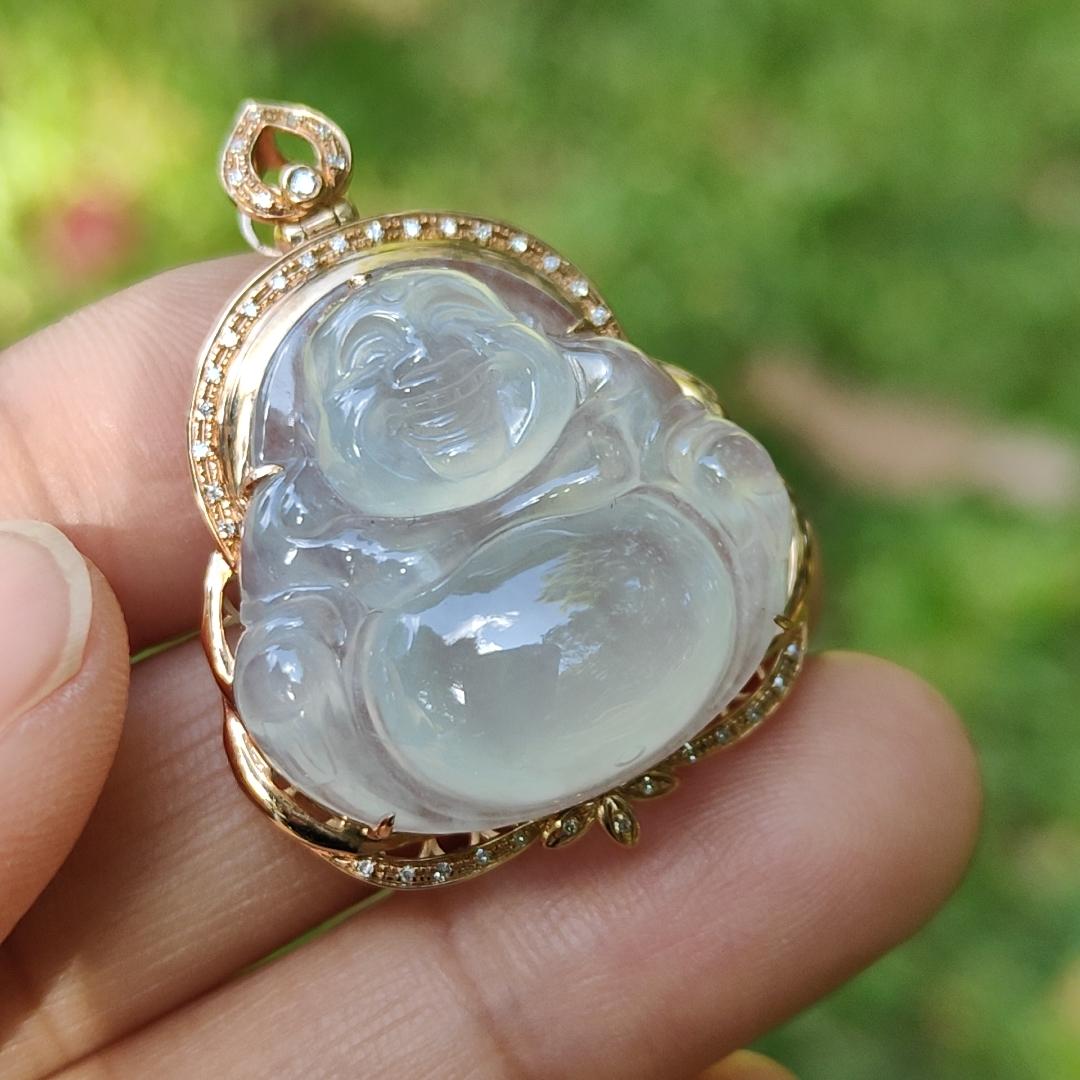 Premium Quality Icy Translucent Natural Type A Jadeite Jade crafted with Milo Buddha Set on 18k Gold as Pendant, certificate weighs 6.48 grams, measurement 34.1 * 26 * 11.6 mm (18kp61) Yi Pin Qian