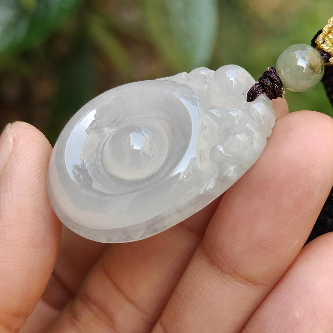 Semi Icy Translucent Natural Type A Jadeite Jade crafted with Fubei as pendant with certificate weigh 9.97 grams, measurement 34.9 * 25 * 7 mm (pendant195) Yi Pin Qian