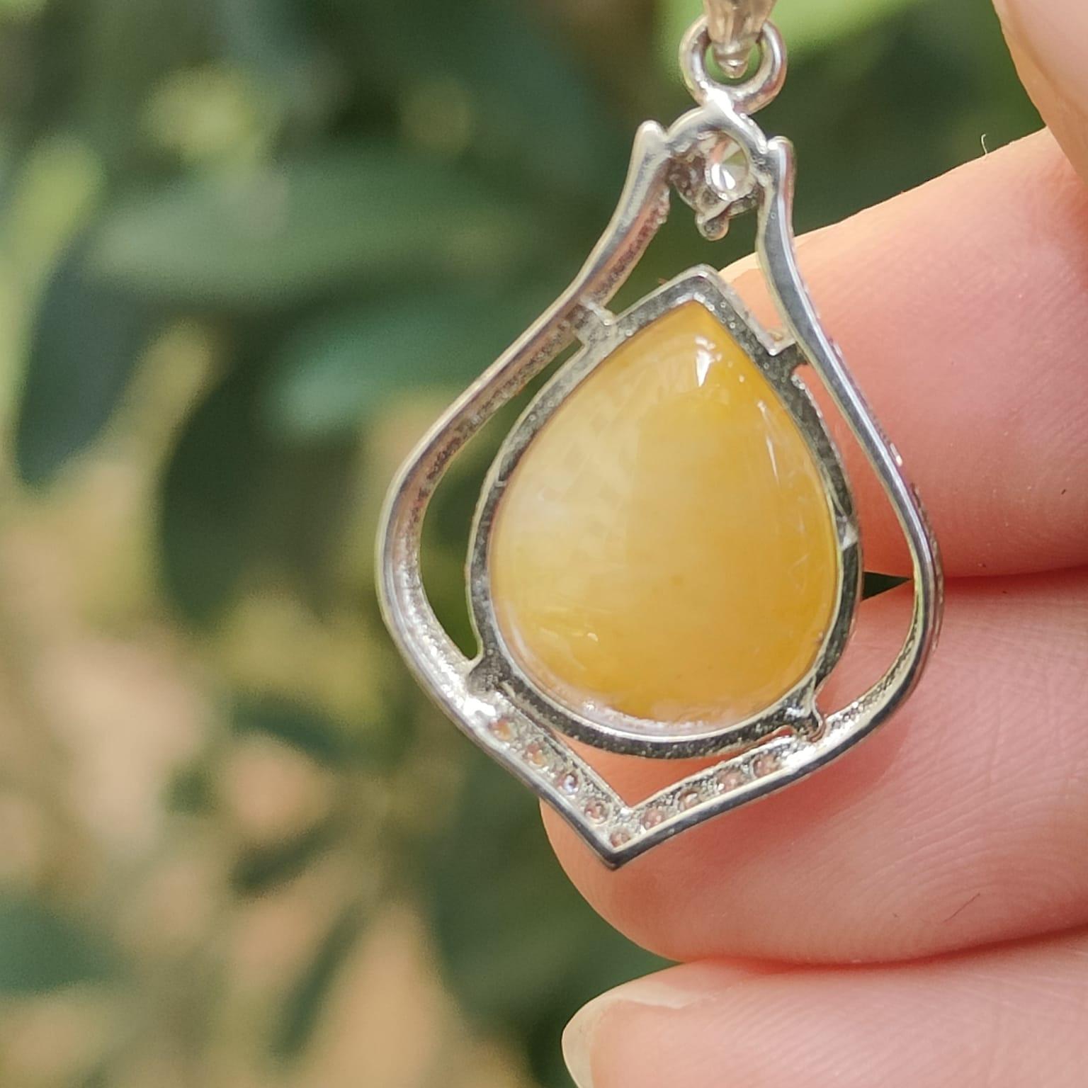 Yellow Water Drop Shape Cabochon Natural Type A Jadeite Jade set with S925 as Pendant certificate weighs 2.6 grams, measurement 14.7 * 12 * 4 mm (s925p5) Yi Pin Qian Jadeites Jade Jewelry ~Your Precious Quintessential ~ Singapore