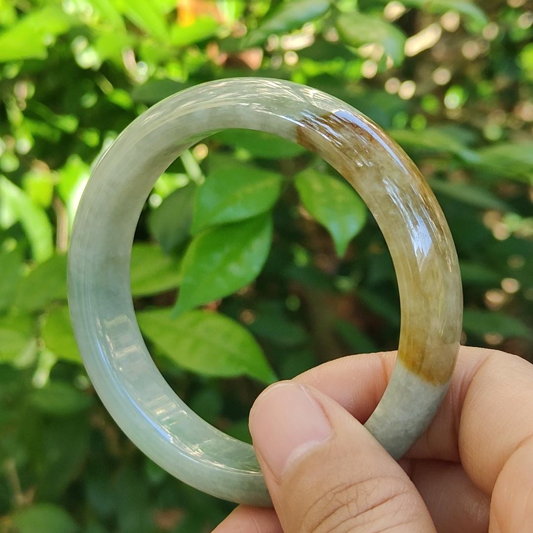 53.5 mm Light Green with Brown Patch Quality Burma Natural Type A Jadeite Jade crafted as Peace Bangle, certificate weighs 50.76 grams, Width: 13 mm Thickness: 7.6 mm (bangle16) Yi Pin Qian Jadeites Jade Jewelry ~Your Precious Quintessential ~ Singapore