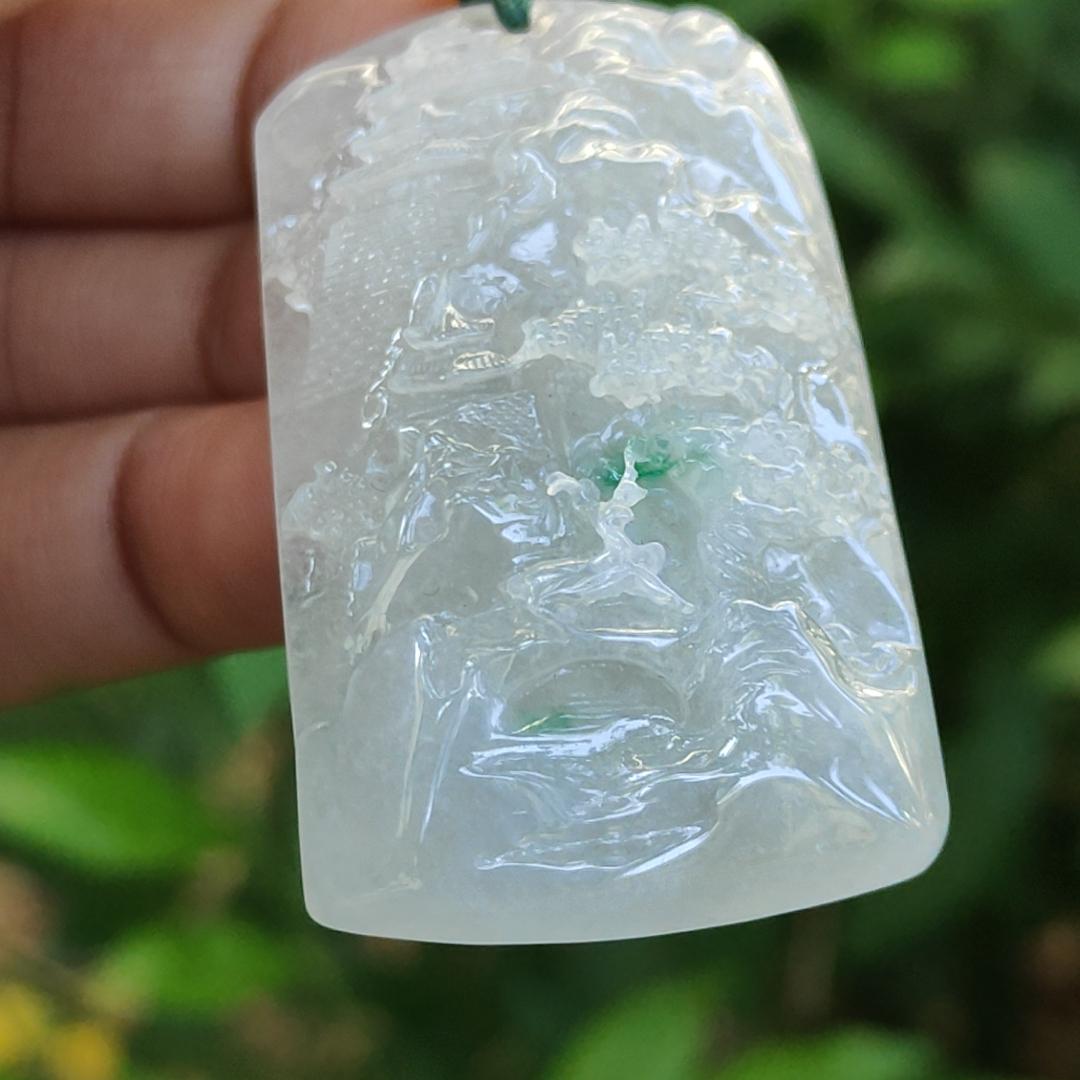 High Quality Good Translucent Light Green with Green Patches Crafted with Scenery Natural Type A Jadeite Jade as Pendant certificate weighs 26.66 grams, measurement 48.1 * 28 * 11.8 (pendant313) Yi Pin Qian Jadeites Jade Jewelry ~Your Precious Quintessential ~ Singapore