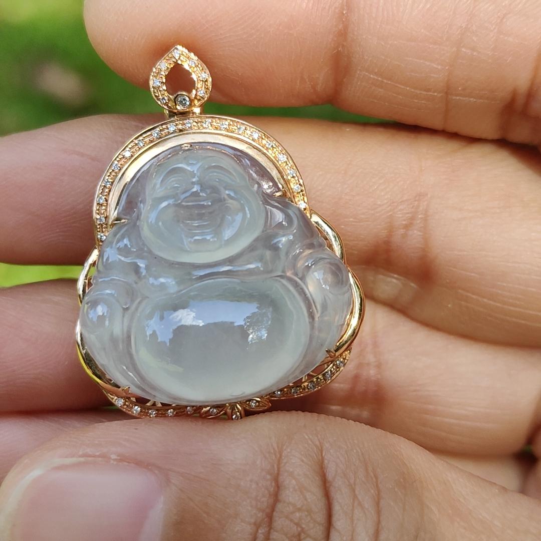 Premium Quality Icy Translucent Natural Type A Jadeite Jade crafted with Milo Buddha Set on 18k Gold as Pendant, certificate weighs 6.48 grams, measurement 34.1 * 26 * 11.6 mm (18kp61) Yi Pin Qian