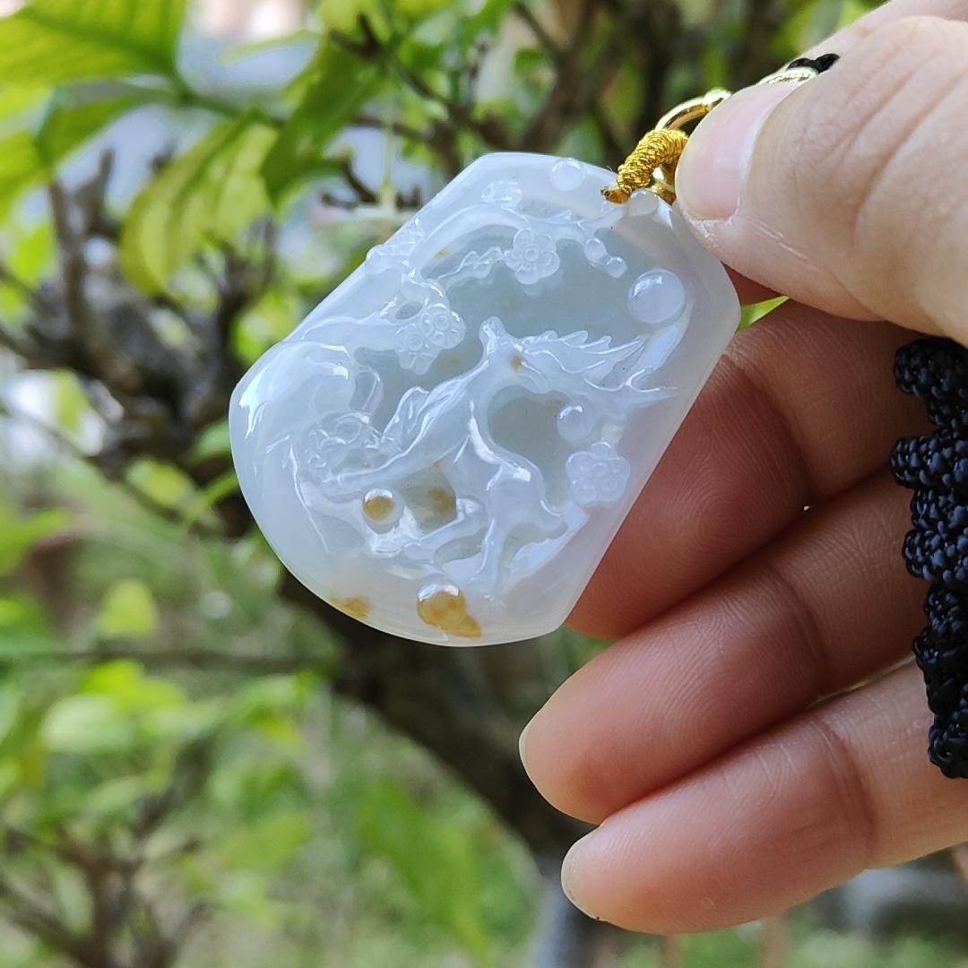 Natural Type A Jadeite carved with deer , Icy Highly Translucent with russet patches , NGI Certification with weight at 72.1 grams , [41.51 * 33.32 * 6.08 mm] - Premium Myanmar Jadeite Pendant (pendant144) Yi Pin Qian