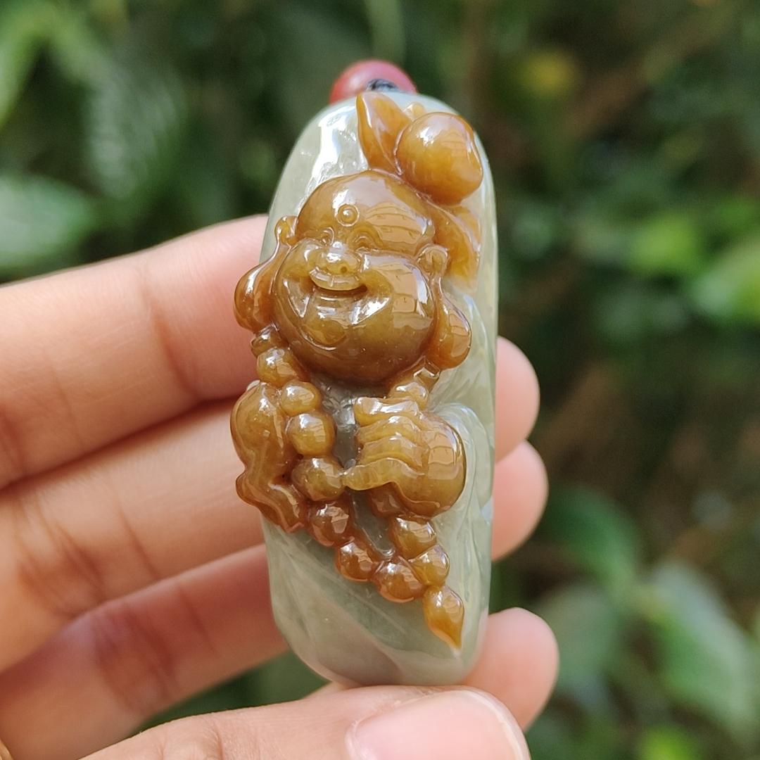 Very Rare Good Quality Reddish Yellow and Light Green Natural Type A Jadeite Jade crafted with Milo Buddha as Pendant with certificate weigh 37.43 grams, measurement 50 * 18.5 * 20.3 mm (pendant235) Yi Pin Qian