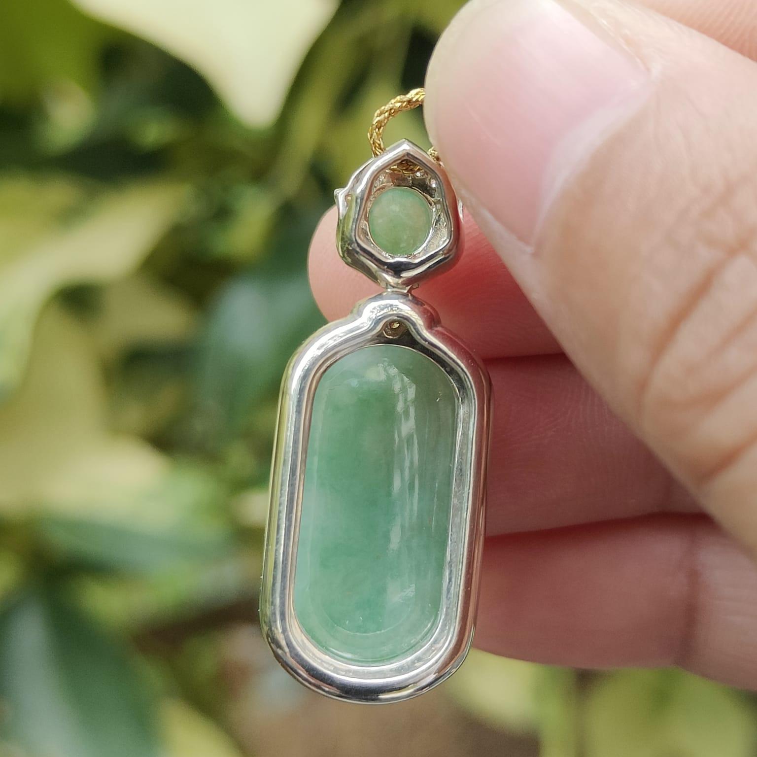 High Quality Rare Green Cabochons on Natural Type A Jadeite Jade set with S925 as Pendant, certificate weighs 5.44 grams, measurement 34.2 * 13.3 * 9.1 mm (s925p4) Yi Pin Qian Jadeites Jade Jewelry ~Your Precious Quintessential ~ Singapore