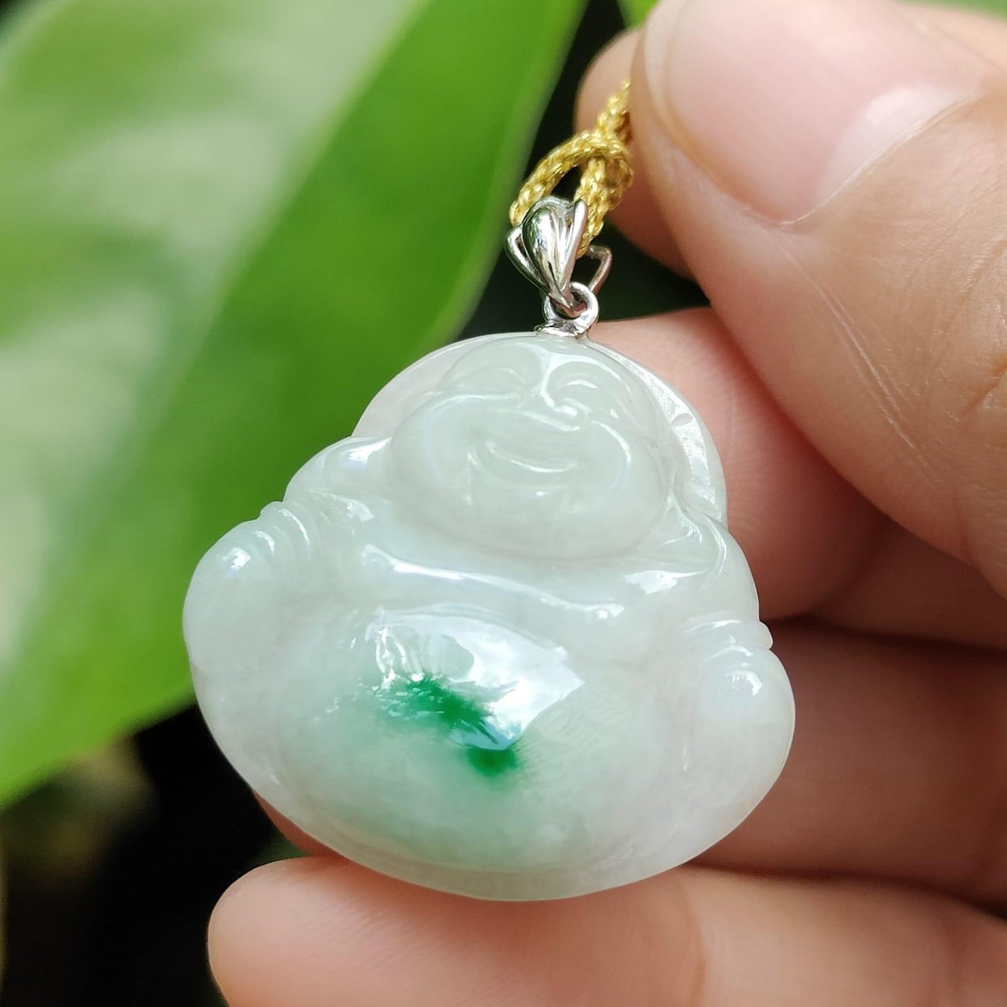 18k Gold Crasp added for Pendant crafted as Milo Buddha with Green Patch Natural Type A Jadeite Jade, certificate weighs 5.01 grams, measurement 24.3 * 25.8 * 5.8 mm (18kp73) Yi Pin Qian Jadeites Jade Jewelry ~Your Precious Quintessential ~ Singapore