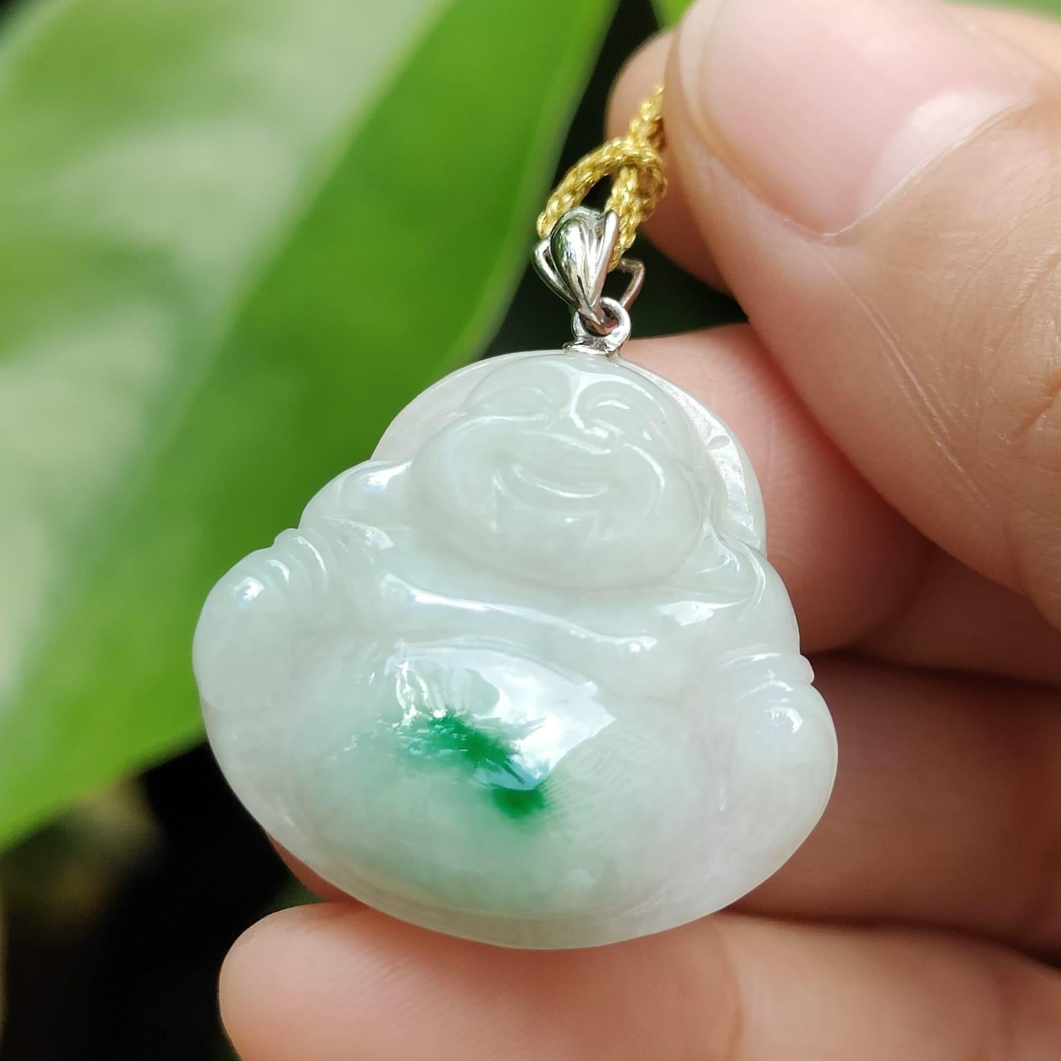 18k Gold Crasp added for Pendant crafted as Milo Buddha with Green Patch Natural Type A Jadeite Jade, certificate weighs 5.01 grams, measurement 24.3 * 25.8 * 5.8 mm (18kp73) Yi Pin Qian Jadeites Jade Jewelry ~Your Precious Quintessential ~ Singapore