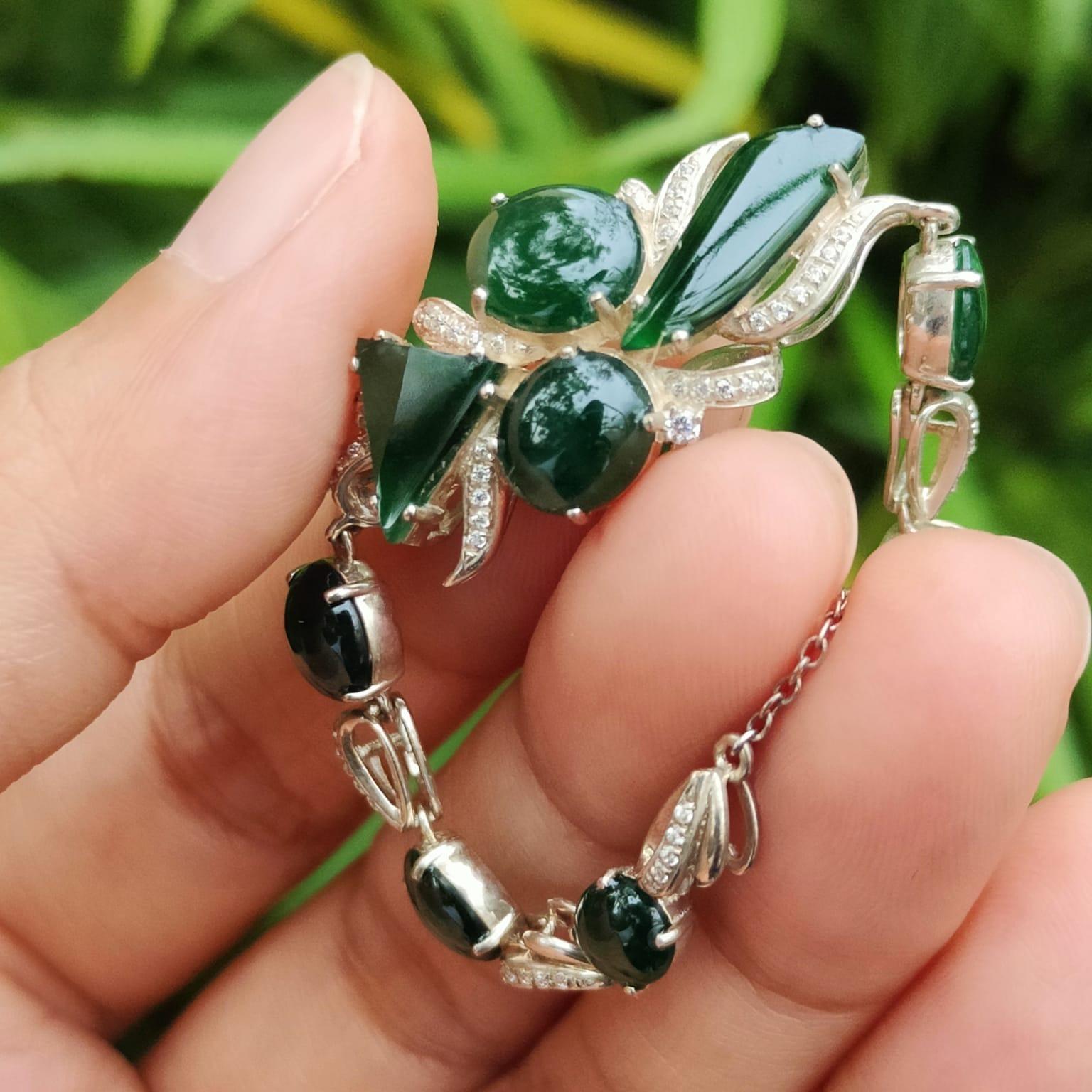10 Dark Green Multi Shapes Cabochons crafted on Natural Type A Jadeite Jade set with High quality S925 as Bracelet, certificate weighs 7.66 grams (s925b6) Yi Pin Qian Jadeites Jade Jewelry ~Your Precious Quintessential ~ Singapore