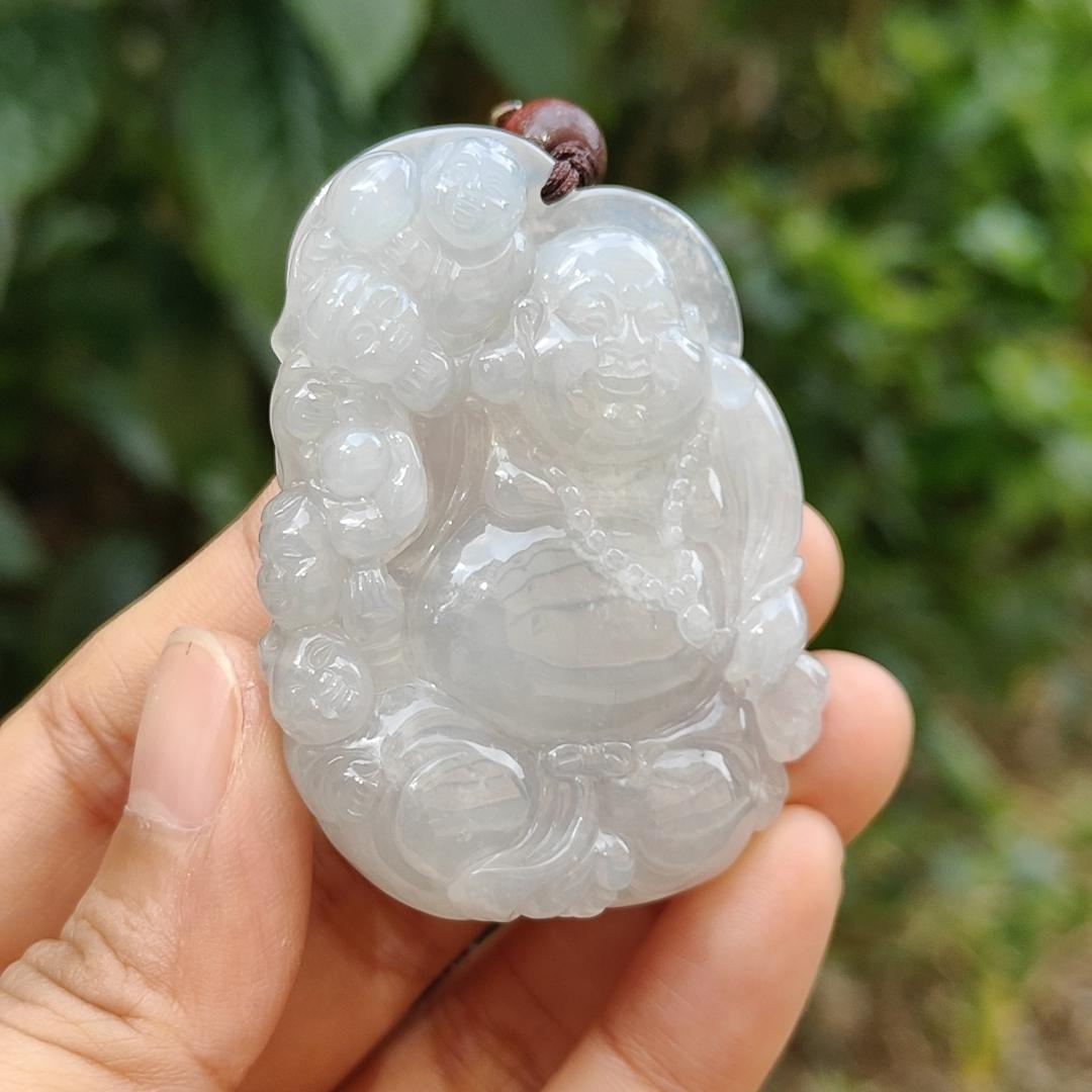 Semi Icy Translucent Natural Type A Jadeite Pendant Necklace Crafted with Milo Buddha with symbols of Be tolerant, smile often, be tolerant and happy, certificate included weigh 45 grams, 54 * 40.5 * 12.3 mm, suitable for daily wear,collection (pendant46) Yi Pin Qian