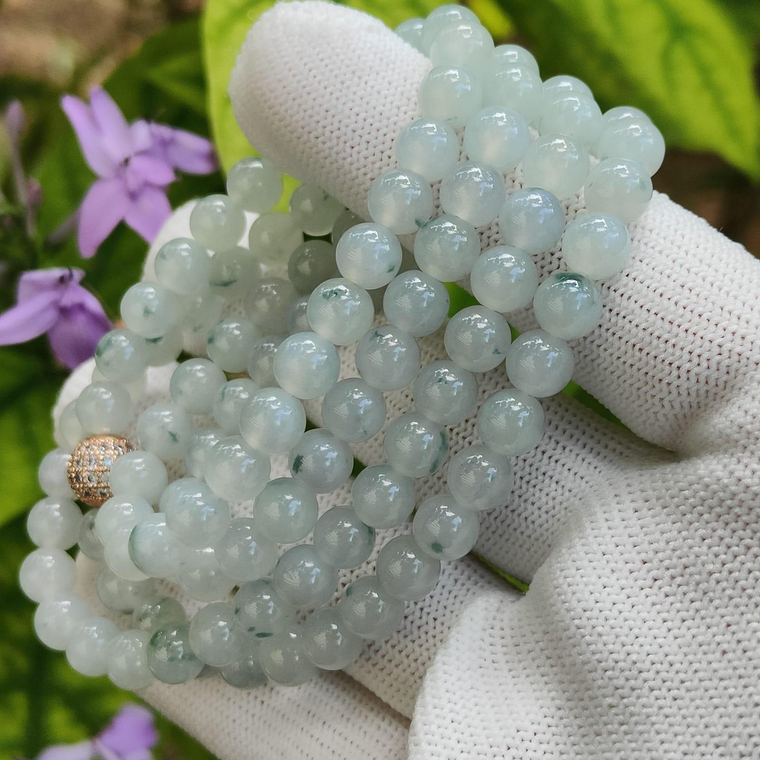 108 beads 6.5mm crafted on High Quality Green Patches Natural Type A Jadeite Jade as Necklace or Bracelet certificate weighs 50.86 grams (bracelet32) Yi Pin Qian Jadeites Jade Jewelry ~Your Precious Quintessential ~ Singapore