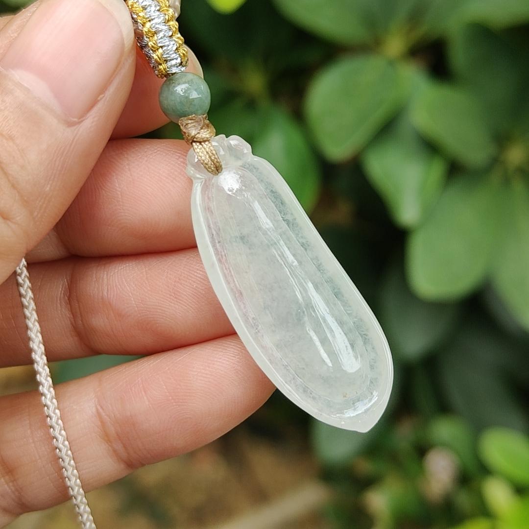 Icy Translucent Natural Burmese Jadeite Jade Crafted as Fuku Melon Pendant with light green hue, certificate weighs 4.82 grams, measurement 36.9 * 13.8 * 5.6 mm (pendant316) Yi Pin Qian Jadeites Jade Jewelry ~Your Precious Quintessential ~ Singapore