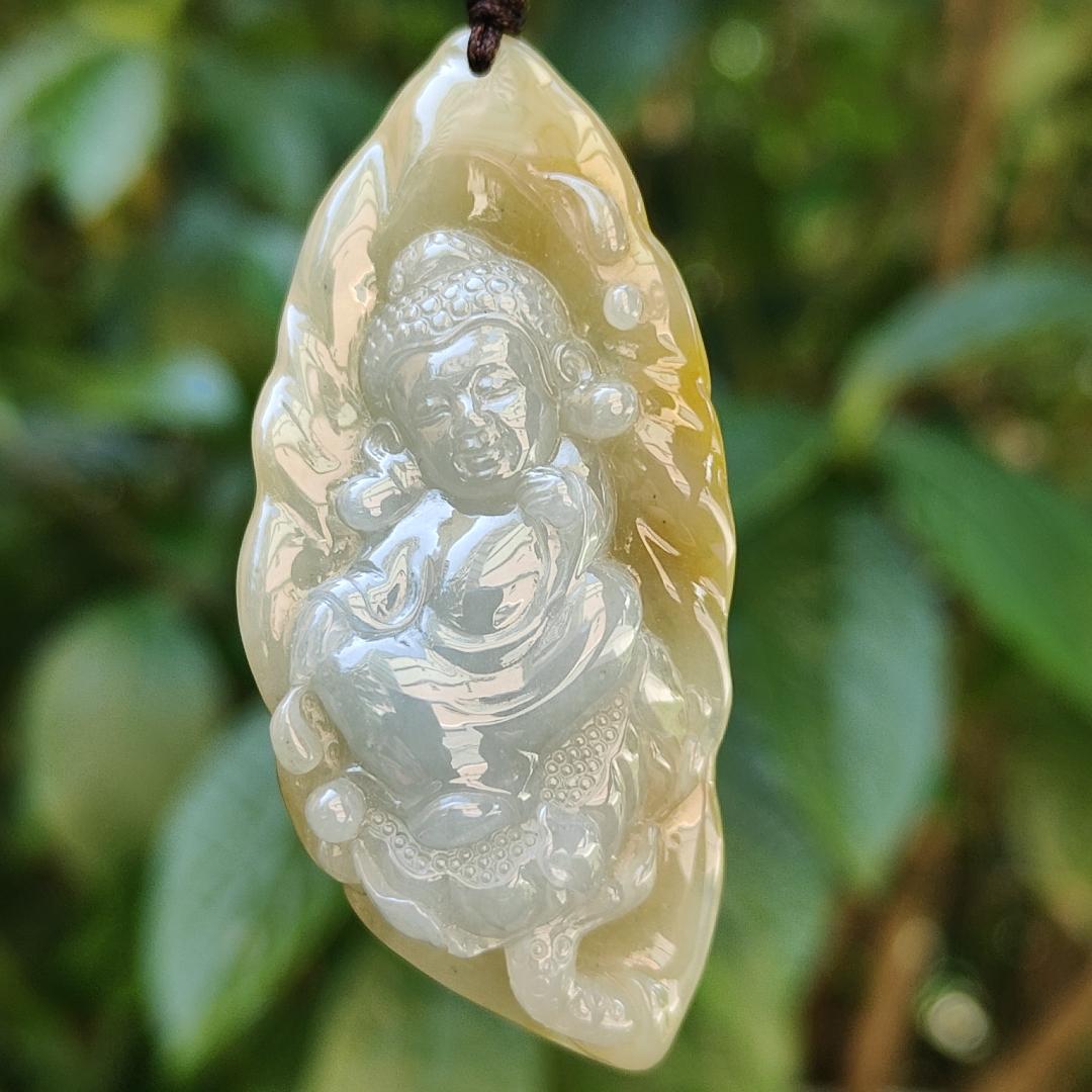 Very Rare Light Lavender and Lemon Yellow with Brown Natural Type A Jadeite pendant carved with baby buddha, certificate included weighs 20.13 grams, 57.90 * 26.80 * 11.20 mm, suitable for daily wear (pendant86) Yi Pin Qian
