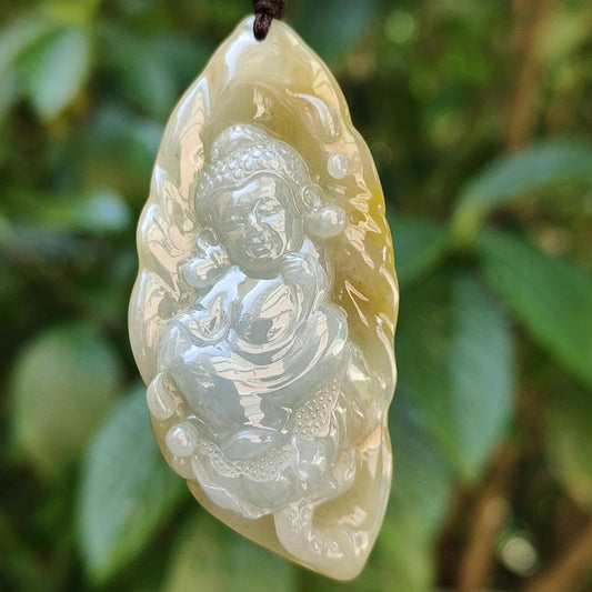 Very Rare Light Lavender and Lemon Yellow with Brown Natural Type A Jadeite pendant carved with baby buddha, certificate included weighs 20.13 grams, 57.90 * 26.80 * 11.20 mm, suitable for daily wear (pendant86) Yi Pin Qian