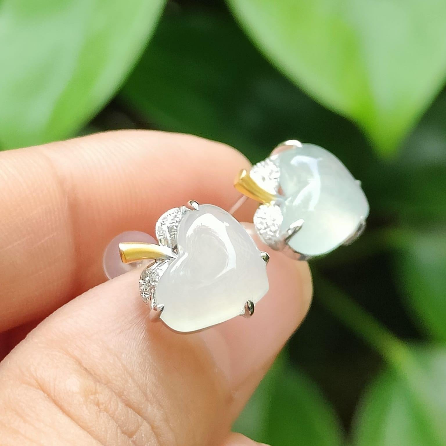 Heart Shape Icy Translucent Natural Type A Jadeite Jade Cabochons design as Apple shape with 18k stud earrings, certificate weighs 2.65 grams (18k06) Yi Pin Qian Jadeites Jade Jewelry ~Your Precious Quintessential ~ Singapore