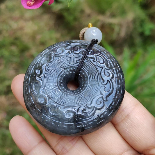 Hugh archaize style Black Natural Type A Jadeite Pendant crafted as Donut, symbols of Attract wealth , certificate included weigh 62.62 grams, 51 * 51 * 12.6 mm, suitable for daily wear (pendant63) Yi Pin Qian