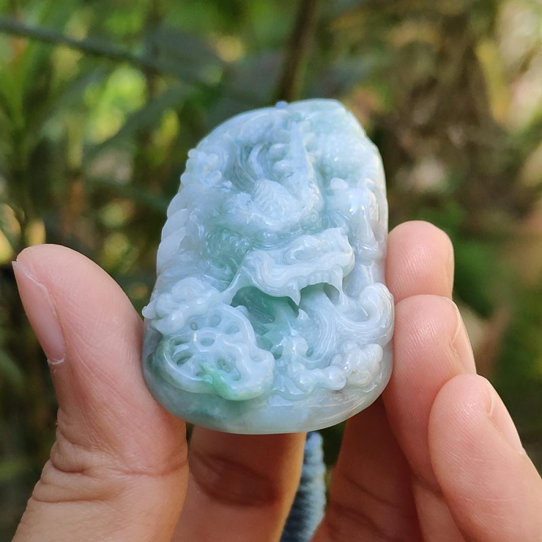 Blueish Green Natural Type A Jadeite Pendant Necklace crafted with Dragon and Fengshui Wheel, with QIC approved certificate weigh 39.57 grams, 58 * 29.8 * 12.6 mm, suitable for daily wear (pendant61) Yi Pin Qian