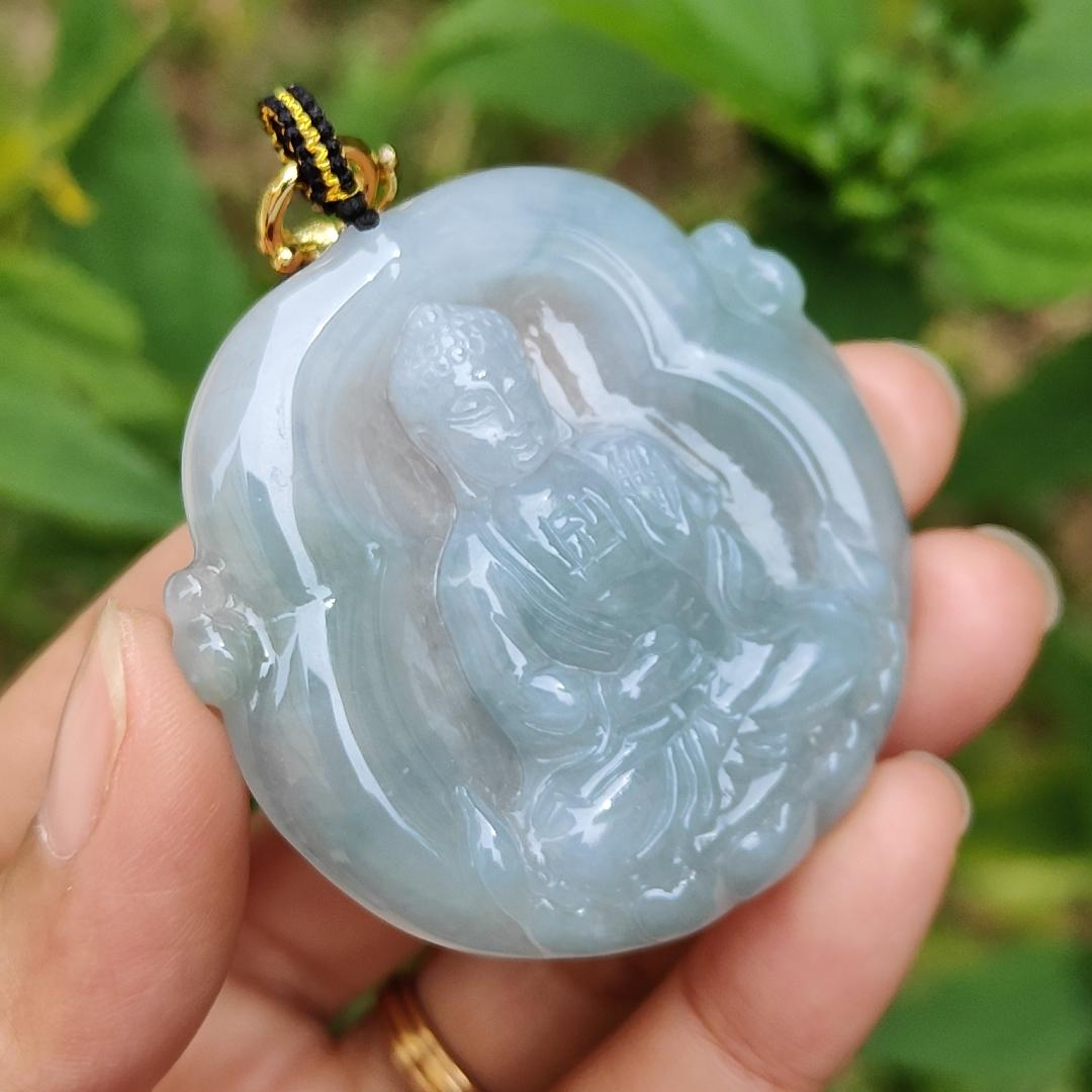 Semi Icy Bluish Green Hue Natural Type A Jadeite Pendant Crafted as Buddha with certificate included weigh 26.65 grams, 48.3 * 48.9 * 7 mm, suitable for daily wear Yi Pin Qian