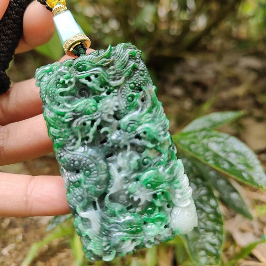 Lots of Green with Wuji carved as nine dragons Natural Type A Jadeite pendant with certificate weight 45.16 grams, 60.30 * 35.30 * 9.90 mm suitable for daily wear (pendant120) Yi Pin Qian