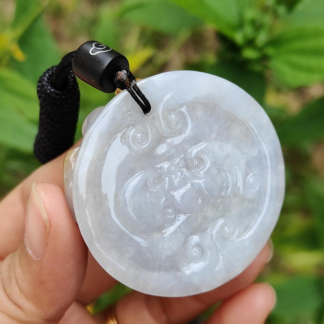 Yellow and Purple with some spreads of red patches Natural Type A Jadeite Pendant Necklace crafted with double pixiu, coin and bat boosting your luck, money and blessing, certificate included weigh 41.87 grams, 45 * 44.9 * 13 mm Yi Pin Qian