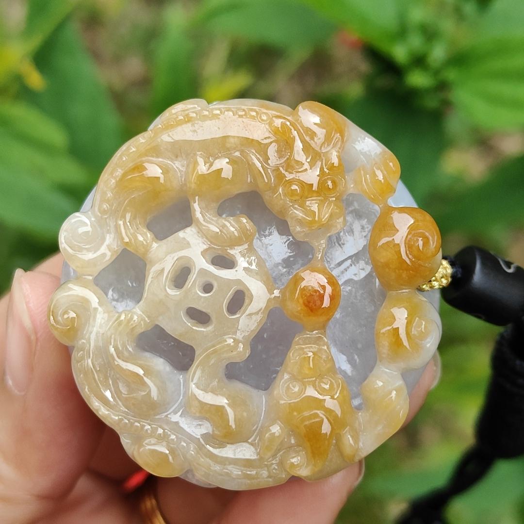 Yellow and Purple with some spreads of red patches Natural Type A Jadeite Pendant Necklace crafted with double pixiu, coin and bat boosting your luck, money and blessing, certificate included weigh 41.87 grams, 45 * 44.9 * 13 mm Yi Pin Qian