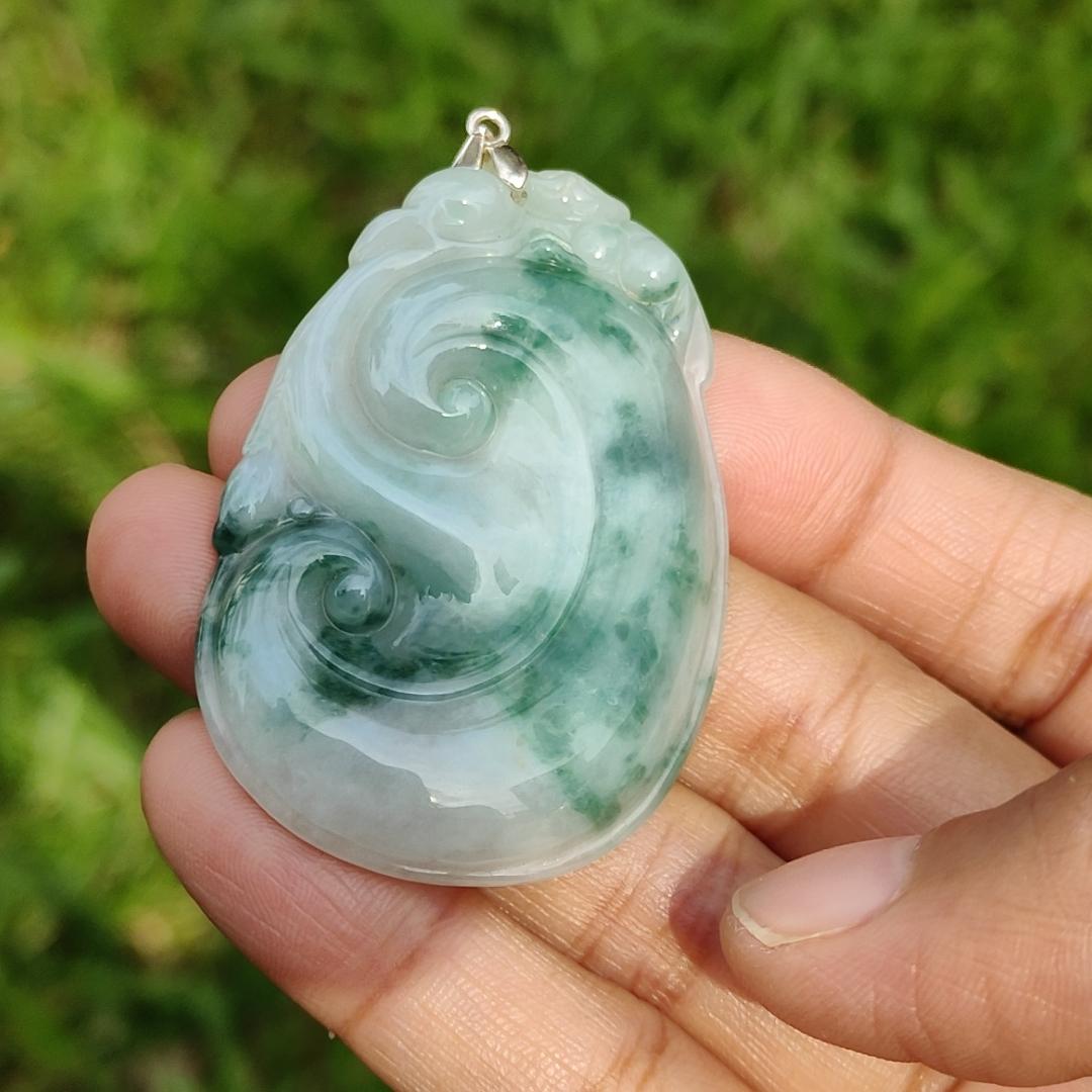 Special Offer, Green with Light Green Floating Flower (Piaohua) Natural Type A Jadeite Pendant Necklace crafted with Bat on Ruyi with certificate weigh 17.71 grams, 51.6 * 34.5 * 6 mm sysmbols of Happiness, auspiciousness (pendant103) Yi Pin Qian
