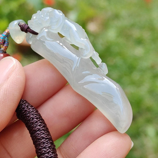 Premium Semi Icy with Light Green Hue Natural Type A Jadeite Jade crafted with Pixiu as a Pendant, certificate included weigh 12.61 grams, measurement 492. * 17.1 * 8.7 mm (pendant202) Yi Pin Qian