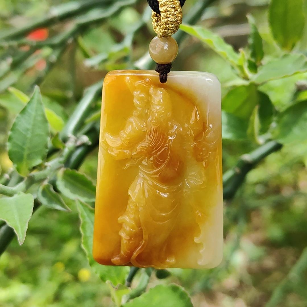 Rare Old Yellow with Red Natural Type A Jadeite Pendant Crafted with Guan Gong come with ceritificate weight 24.70 grams, 49.7 * 32 * 8 mm for Guan Gong collectors (pendant118) Yi Pin Qian