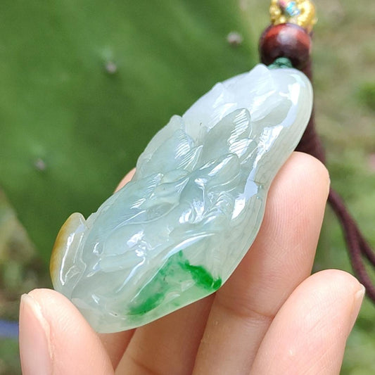 Green, Bluish Green, Brown Natural Type A Jadeite Pendant Necklace crafted as Nine Tails Fox symbols, Increase the relationship with the opposite sex and enhance personal charm plus good luck, certificate weigh 30 grams, 57 * 29.3 * 9.3 mm (pendant50) Yi Pin Qian