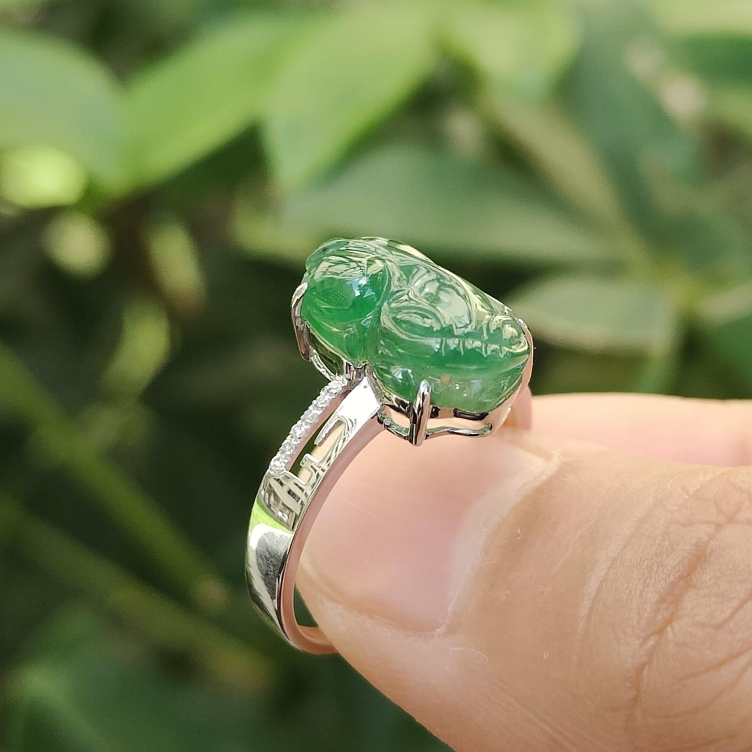 Green Pixiu measurement 13.2 * 7.9 * 4.5 mm Natural Type A Jadeite Jade set with 18k as Ring - Finger Size with diameter = 16.2mm (18kring42) Yi Pin Qian Jadeites Jade Jewelry ~Your Precious Quintessential ~ Singapore