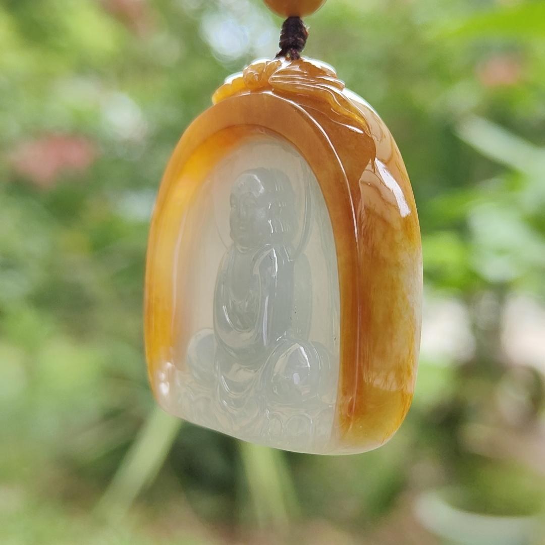 Rare old yellow Natural type A jadeite pendant with certificate carved as buddha seating on lotus weight 26.99 grams, 38.20 * 34.20 * 8.80 mm suitable for daily wear (pendant122) Yi Pin Qian